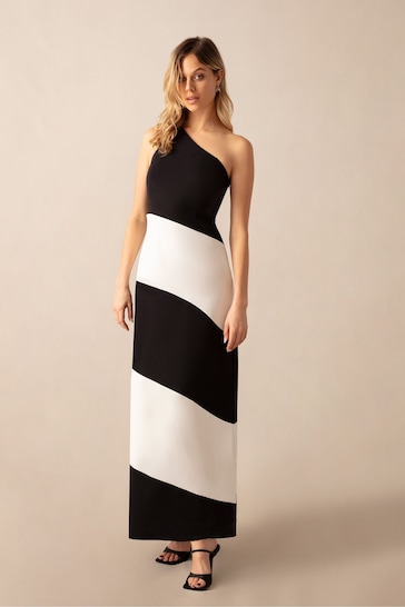 Ro&Zo Sofia Mono Stripe One Shoulder Maxi Dress