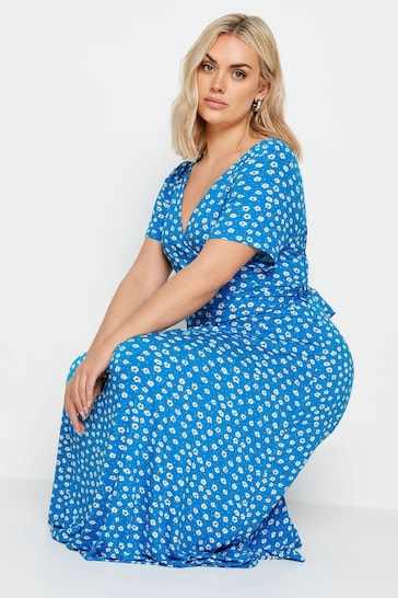 Yours Curve Blue Ditsy Floral Print Wrap Maxi Dress