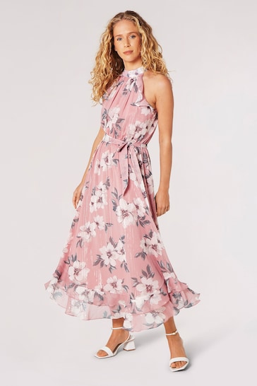 Apricot Multi Painterly Floral Shimmer Midi Dress
