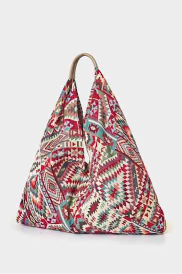 Joe Browns Red Tapestry Carpet Bag with Leather Handles