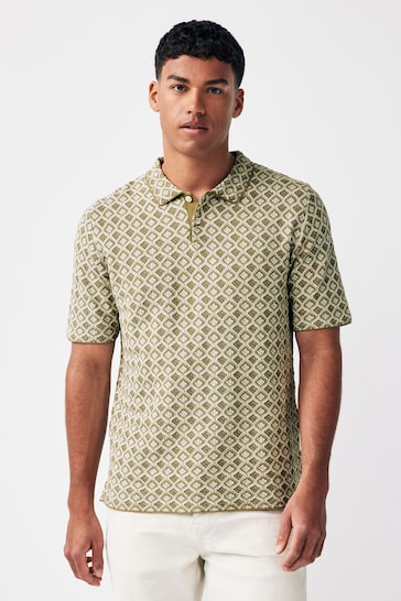 JACK & JONES Green Textured Geo Print Knitted Smart Polo Shirt