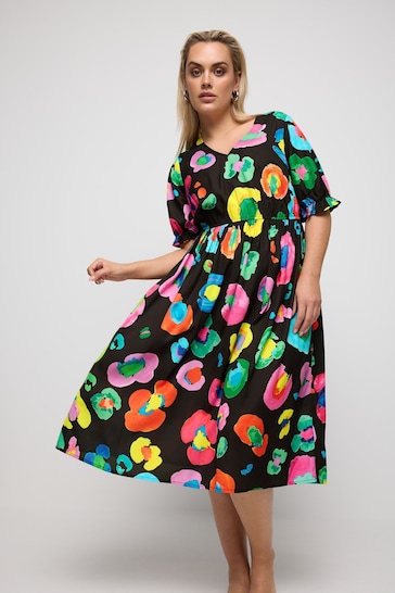 Yours Curve Black YOURS Curve Pink Abstract Print Midi Dress