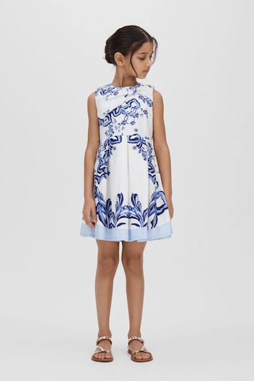 Reiss Blue Print Emiline Teen Cotton Tile Print Pleated Dress