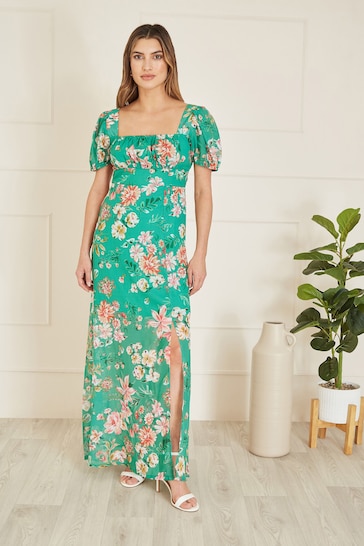 Yumi Green Floral Print Square Neck Maxi Dress With Split Hemline