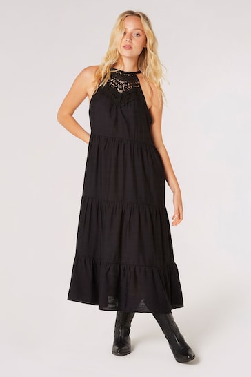 Apricot Black Lace Neck Shimmer Midi Dress