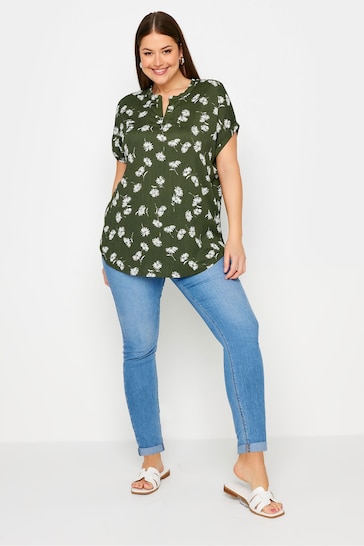 Yours Curve Green Abstract Print Textured Notch Neck Top