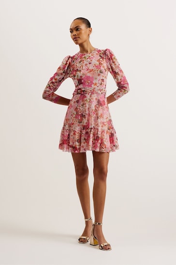 Ted Baker Pink Mildrd Mesh Mini Dress With Shoulder Gathers