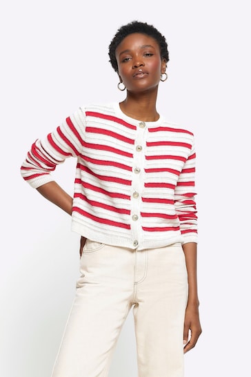 River Island Red Stripe Textured Knitted Cardigan