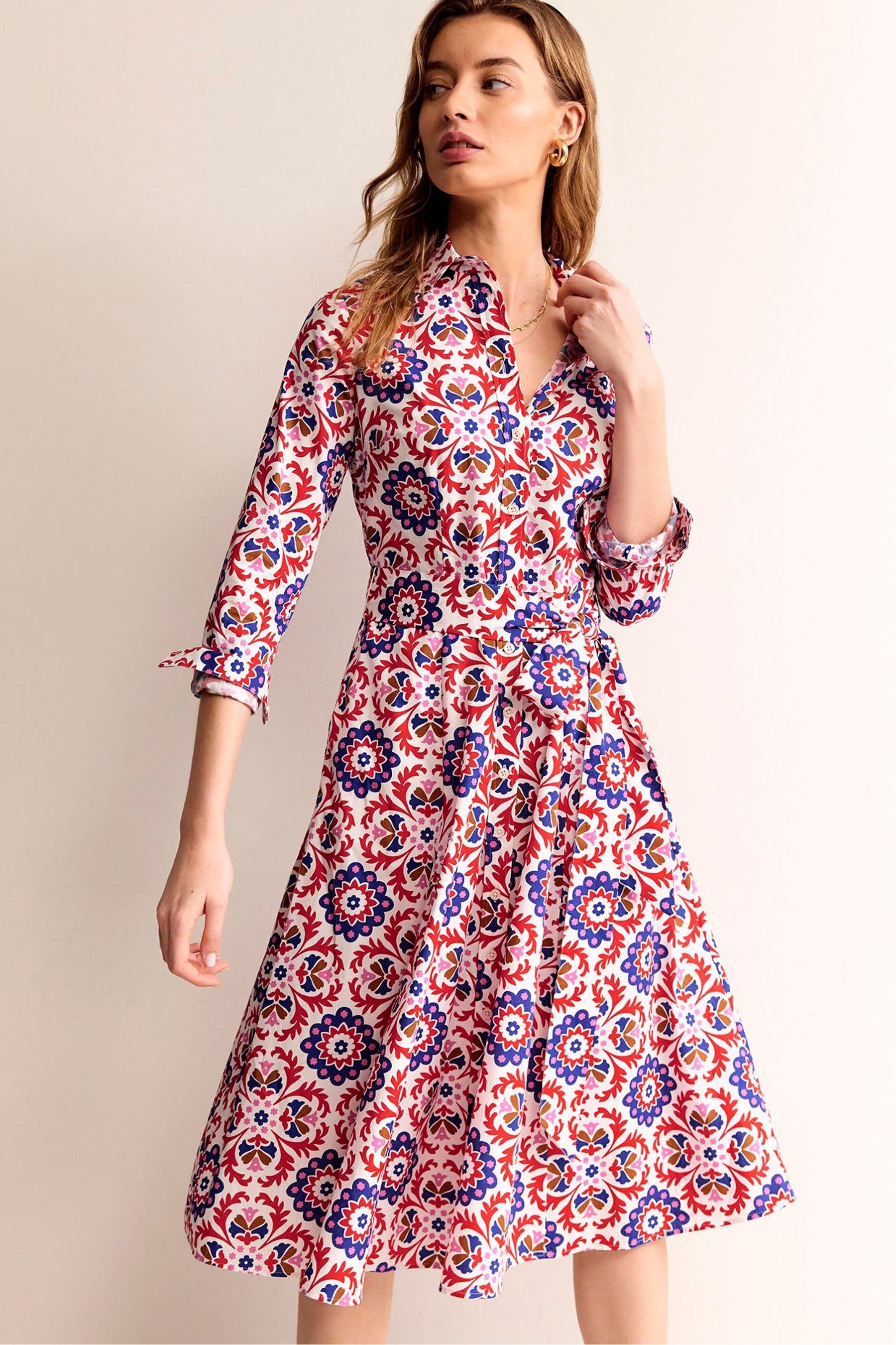 Boden Red Amy 100 Cotton Midi Shirt Dress