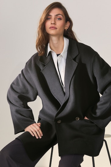 Black Handsewn Wool Blend Belted Coat