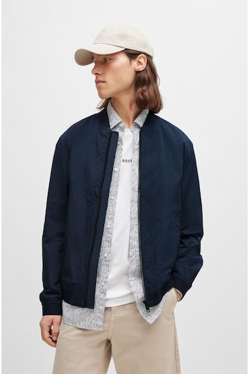 BOSS Navy Blue Water Repellent Crinkle Effect Bomber Style Jacket