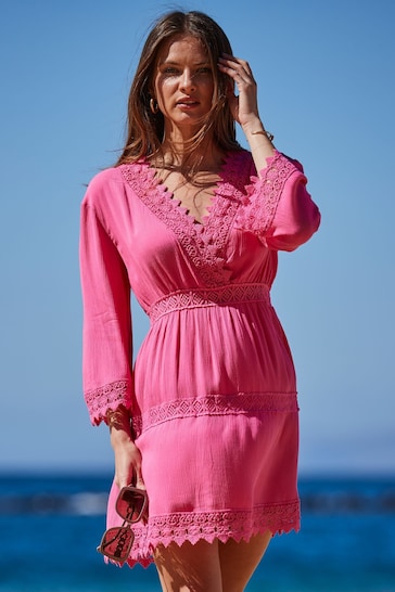 Sosandar Pink Lace Trim Wrap Front Sun Dress