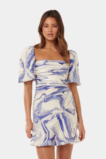 Forever New Blue Abigail Linen Blend Printed Puff Sleeves Mini Dress