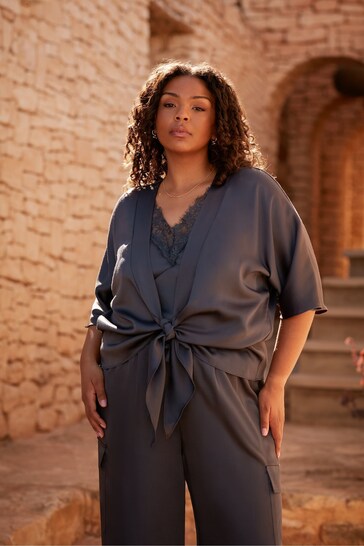 Live Unlimited Curve Grey Satin Tie Front Cover-Up