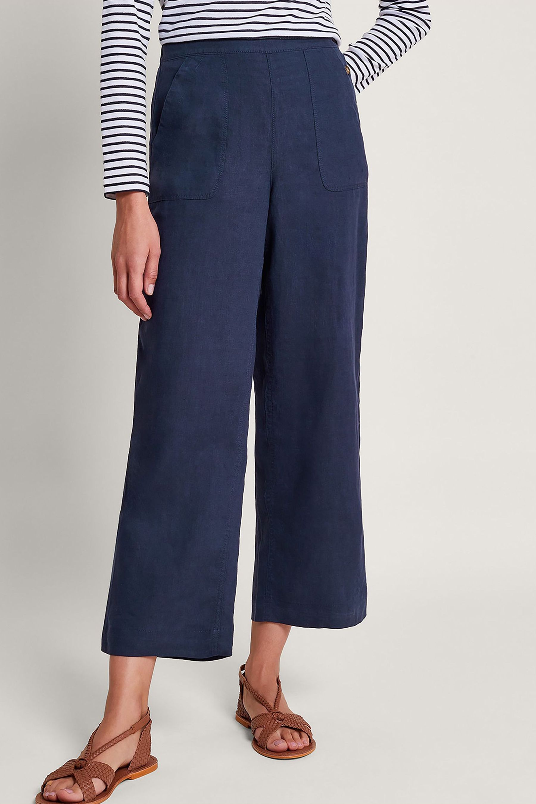 Monsoon Blue Parker 100 Linen Crop Trousers