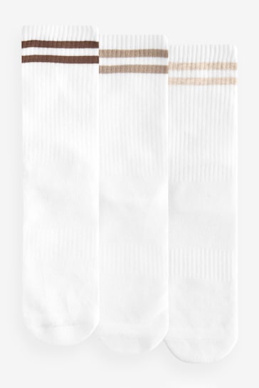 White/Neutral Stripe Cushion Sole Ribbed Sport Ankle Socks 3 Pack With Arch Support