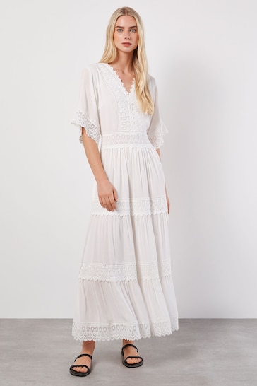 Apricot White Crochet Detail Tiered Maxi Dress