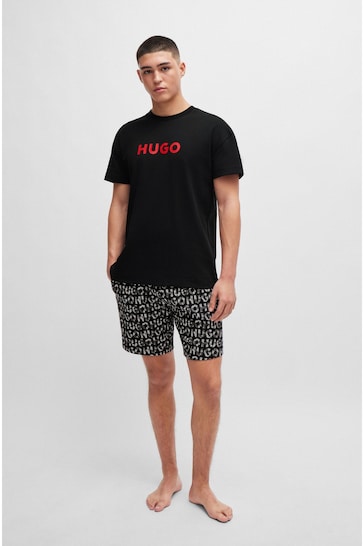 HUGO Stretch Cotton Logo Print Black Pyjama Set