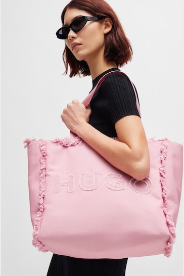 HUGO Pink Logo Tote Bag With Fringe Detailing