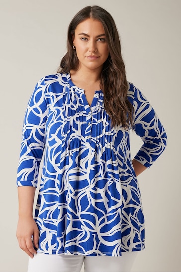 EVANS Curve Blue Abstract Print Pintuck Blouse