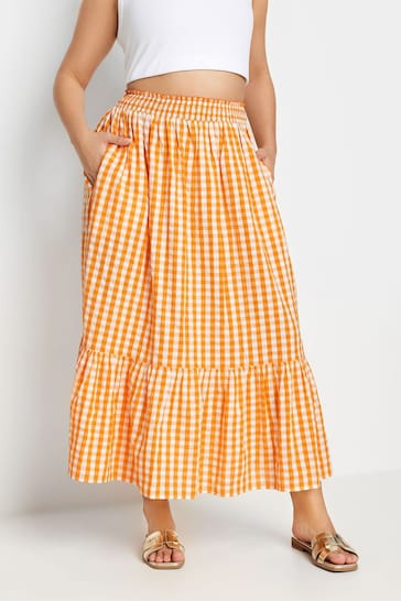 Yours Curve Orange Gingham Tiered Pure Cotton Midi Skirt