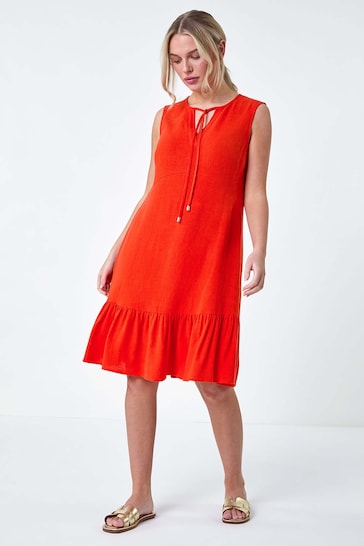 Roman Orange Linen Blend Tie Frill Hem Dress