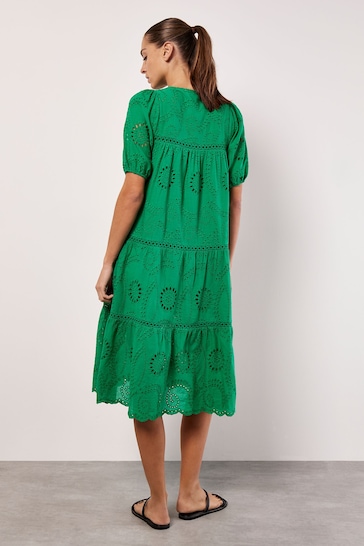 Apricot Green Cotton Broderie Tiered Midi Dress