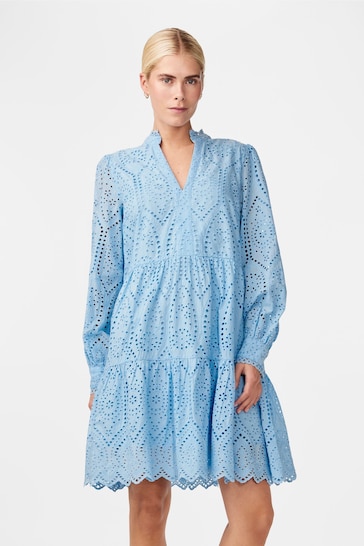 Y.A.S Blue Broderie Long Sleeve Tiered Dress