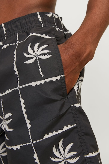 JACK & JONES Black Palm Print Graphic Swim Shorts