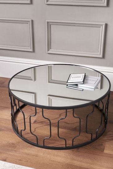 Pacific Black Mirrored Glass and Graphite Round Coffee Table