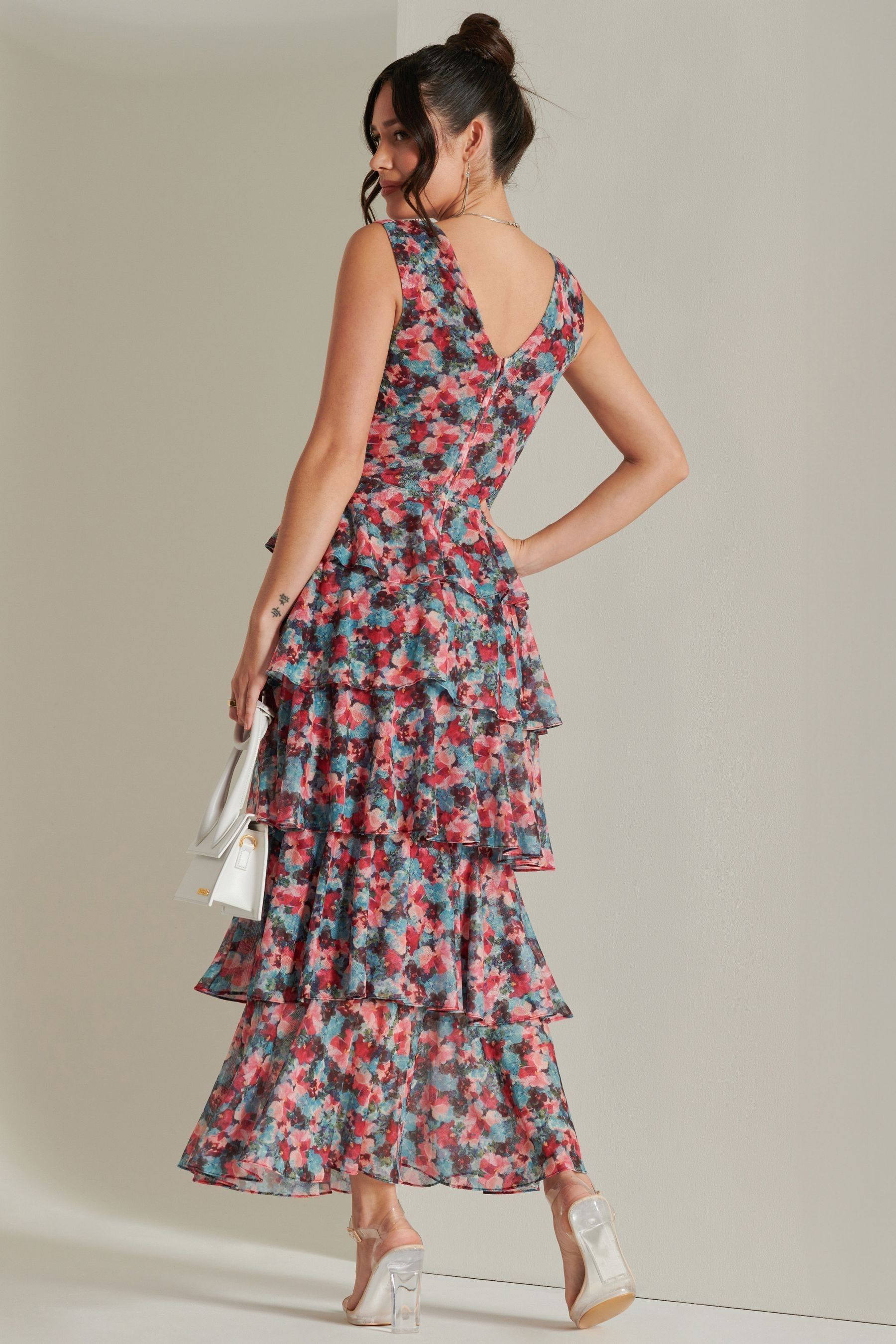 Jolie Moi Pink Tiered Hem Mesh Maxi Dress