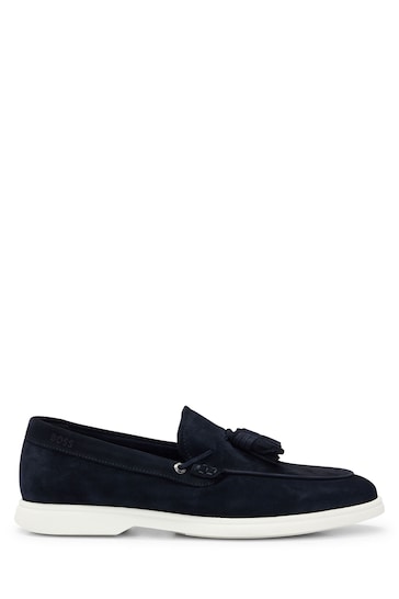 BOSS Blue Suede Slip-On Loafers With Tassel Trim