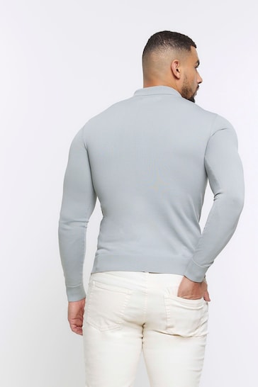 River Island Grey Muscle Fit Long Sleeve Texture Polo Knit T-Shirt