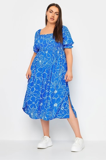 Yours Curve Blue Ditsy Floral Print Shirred Midaxi Dress