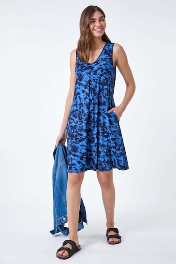 Roman Blue Tie Dye Stretch Pocket Swing Dress