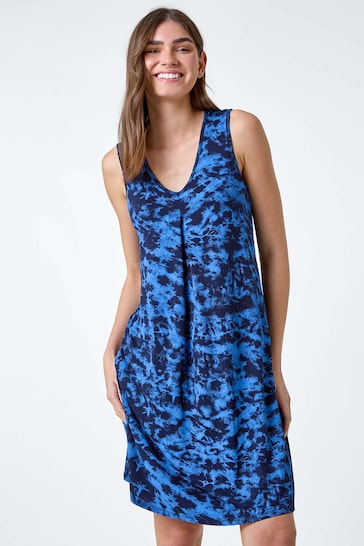 Roman Blue Tie Dye Stretch Pocket Swing Dress