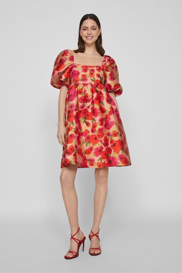 VILA Red Floral Baroque Puff Sleeve Mini Occasion Dress