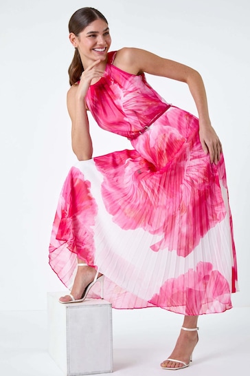 Roman Pink Floral Pleated Halterneck Maxi Dress