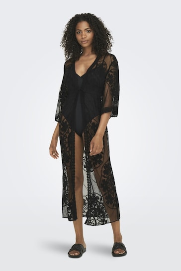 ONLY Black Embroidered Maxi Beach Cover-Up Kaftan