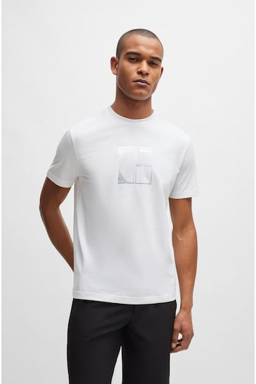 BOSS White Stretch-Cotton T-Shirt With Metallic Artwork