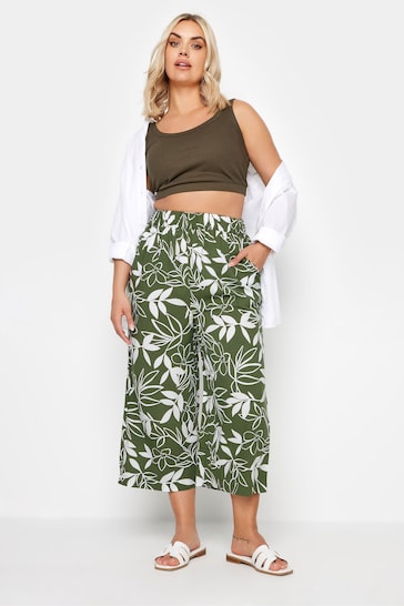 Yours Curve Green Green Leaf Print Cropped Trousers