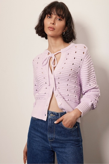 Mint Velvet Purple Cotton Blend Tie Front Cardigan