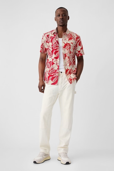 Gap Red Floral Standard Fit Stretch Poplin Short Sleeve Shirt