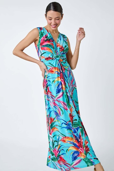 Roman Blue Tropical Twist Detail Stretch Maxi Dress