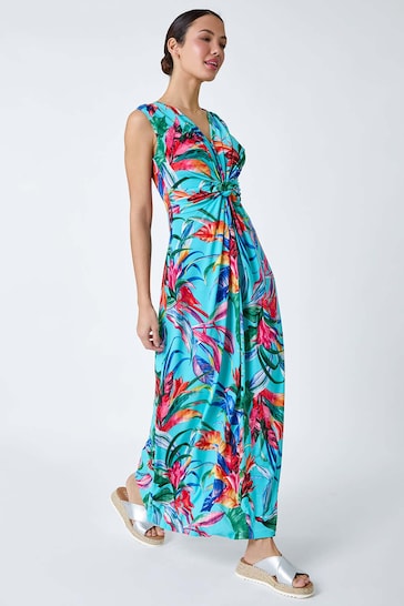 Roman Blue Tropical Twist Detail Stretch Maxi Dress