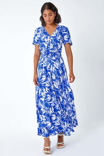 Roman Blue Floral Print Button Detail Maxi Dress