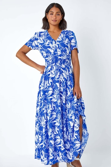 Roman Blue Floral Print Button Detail Maxi Dress