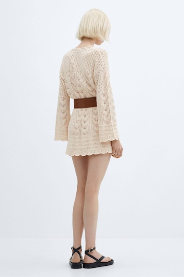 Mango Cream Flared-Sleeve Crochet Dress