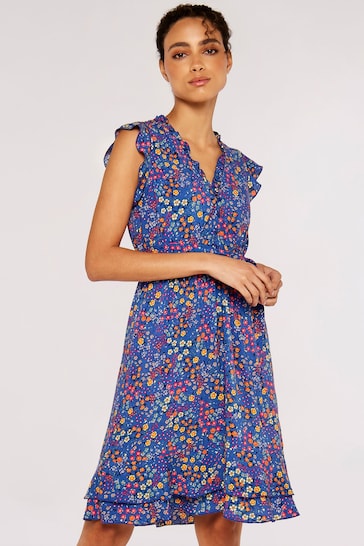Apricot Blue Ditsy Floral Ruffle Mini Dress