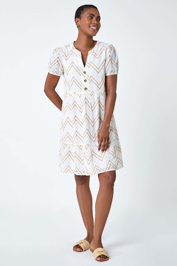 Roman White Zig-Zag Embroidered Cotton Tunic Dress